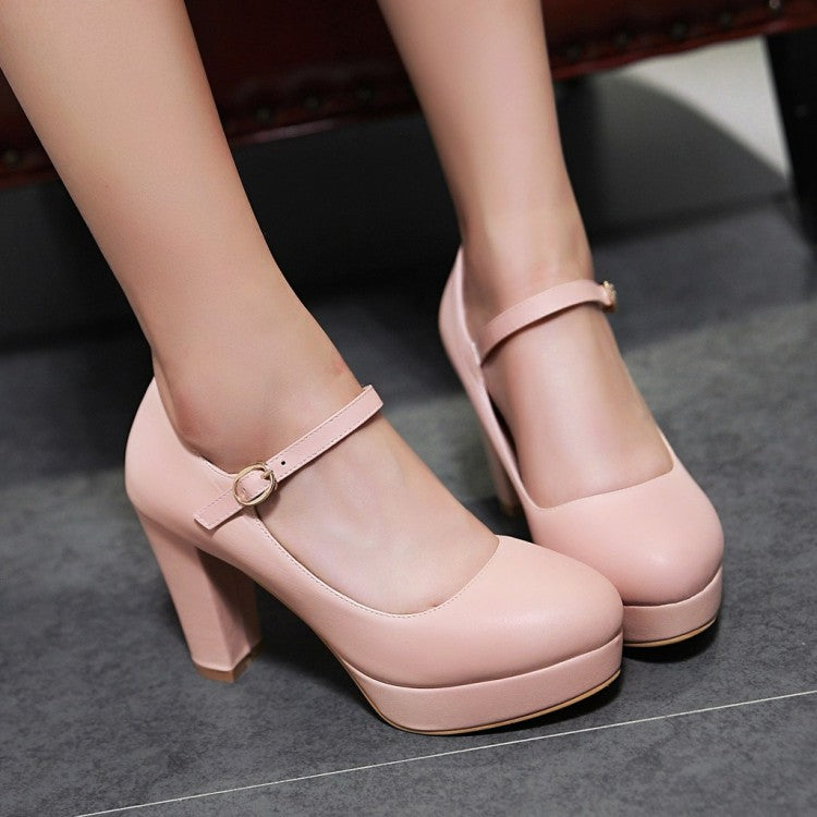 Women Pu Leather Almond Toe Ankle Strap Block Heels High Heel Platform Pumps