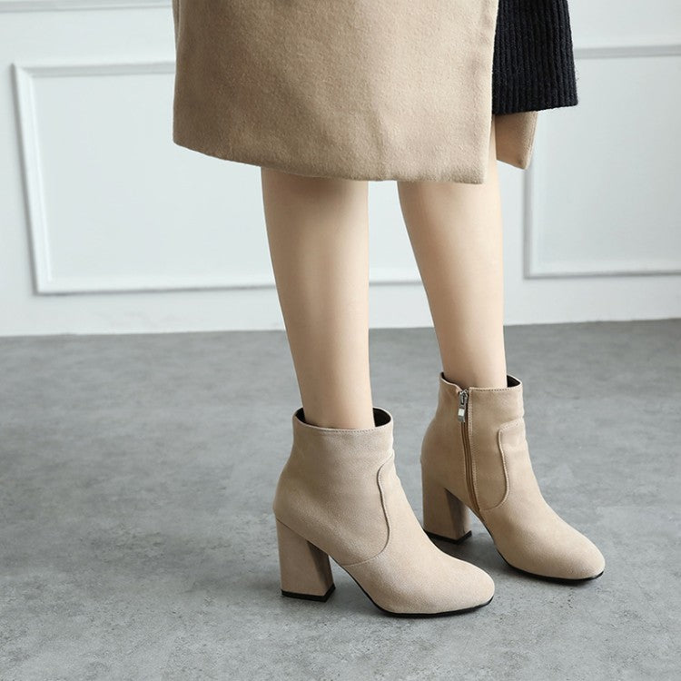 Women Suede Round Toe Stitching Block Heel Side Zippers Short Boots