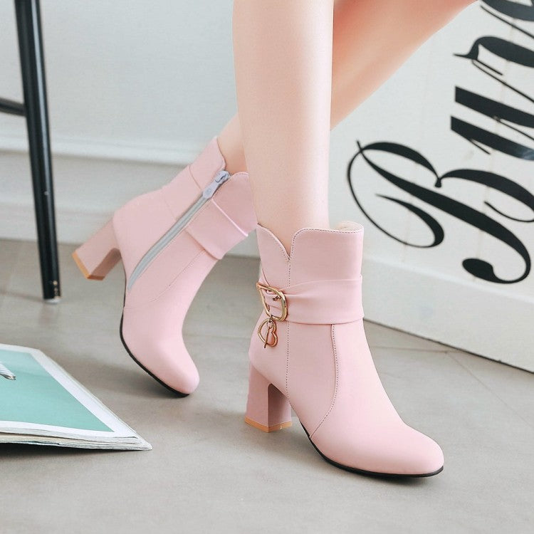 Women Pu Leather Round Toe Belts Buckles Block Heel Ankle Boots