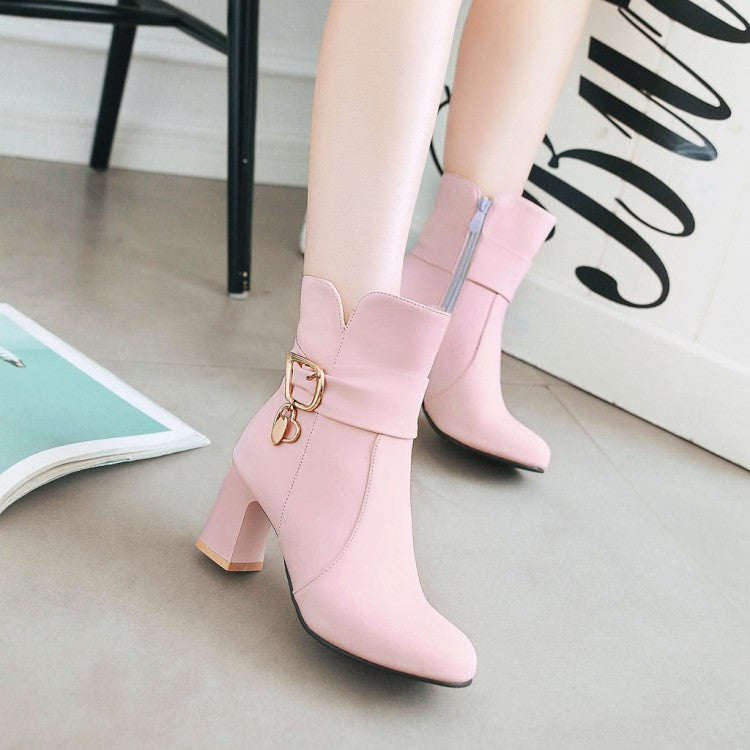 Women Pu Leather Round Toe Belts Buckles Block Heel Ankle Boots