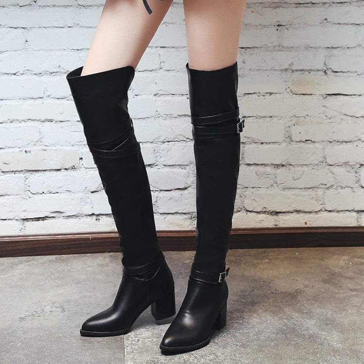 Women Pu Leather Pointed Toe Belts Buckles Block Heel Knee High Boots