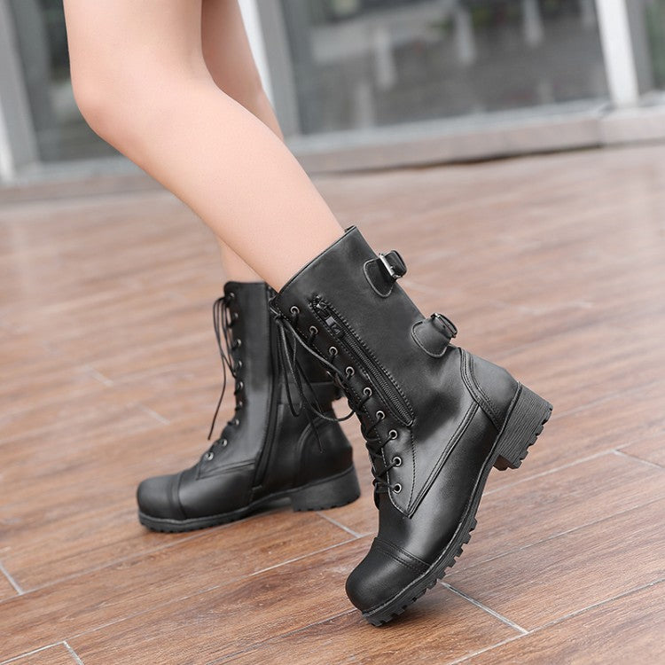 Woman Side Zippers Lace Up Block Chunky Heel Riding Short Boots