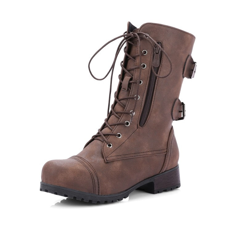 Woman Side Zippers Lace Up Block Chunky Heel Riding Short Boots