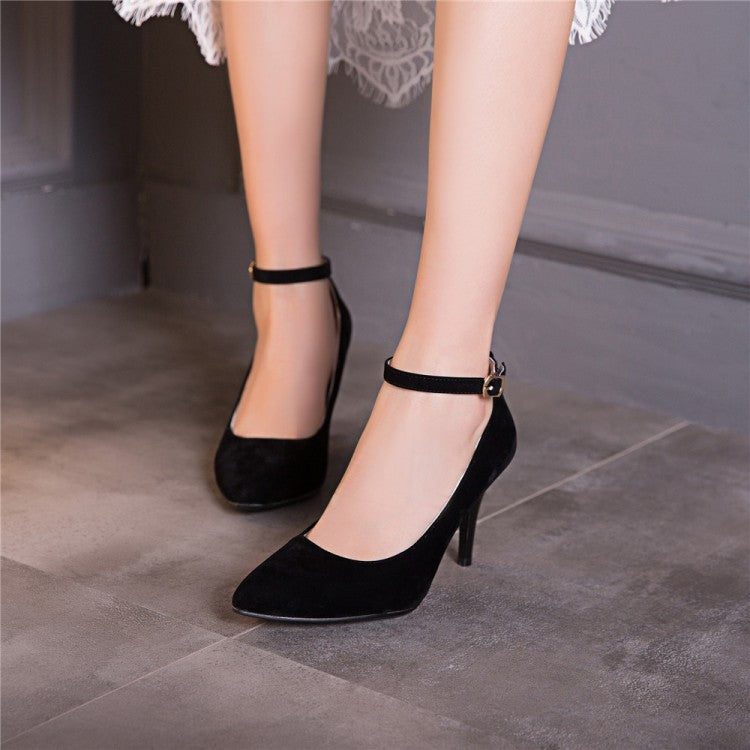 Woman Ankle Strap Velvet High Heels Stiletto Pumps