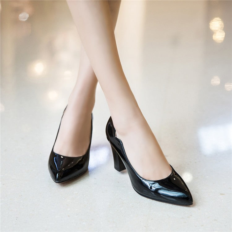 Woman Pointed Toe Patent Leather Block Heels Pumps