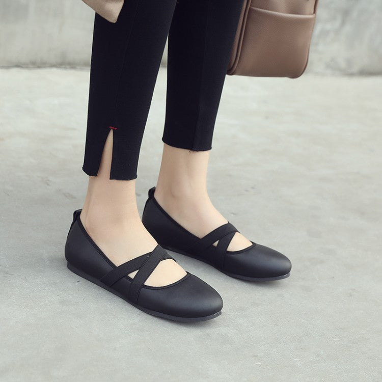 Woman Solid Color Round Toe Cross Strap Flat Shoes