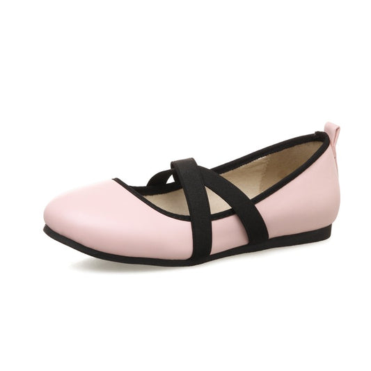 Woman Solid Color Round Toe Cross Strap Flat Shoes