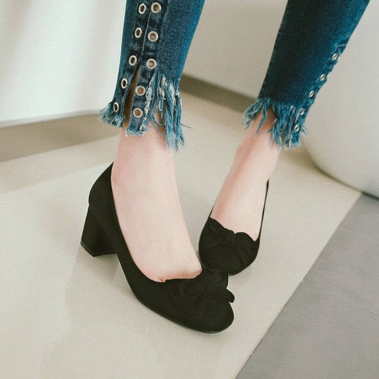 Women Pumps Suede Round Toe Butterfly Knot Block Heel Shoes
