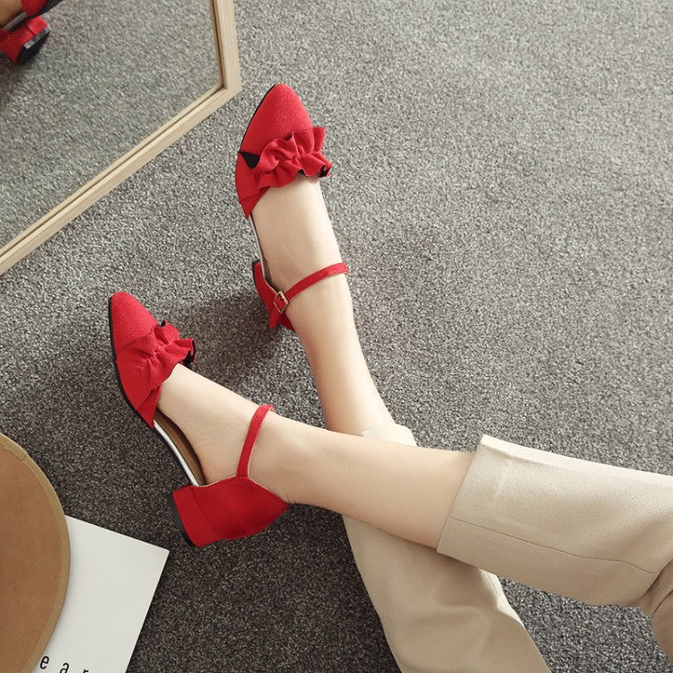 Woman Solid Color Ruffles Ankle Wrap Pointed Toe Block Heel Sandals