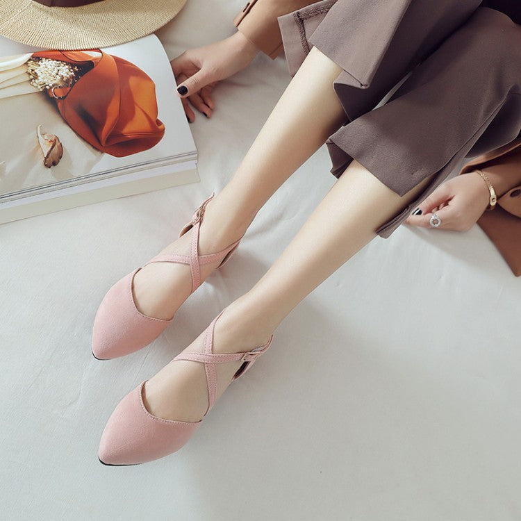 Woman Suede Pointed Toe Hollow Out Block Heel Sandals