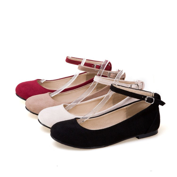 Women Flock Round Toe Shallow Ankle Strap Flats Shoes