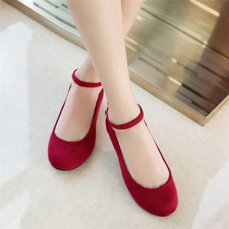Women Flock Round Toe Shallow Ankle Strap Flats Shoes