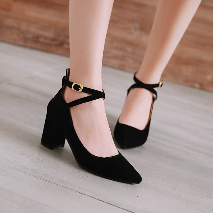 Woman Pointed Toe Ankle Strap Block Heels Pumps