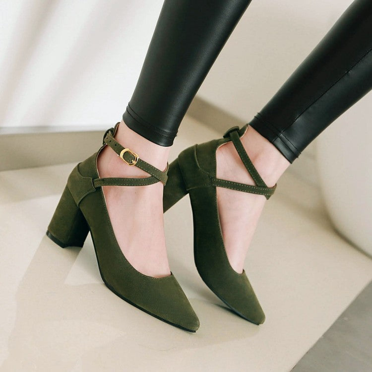 Woman Pointed Toe Ankle Strap Block Heels Pumps