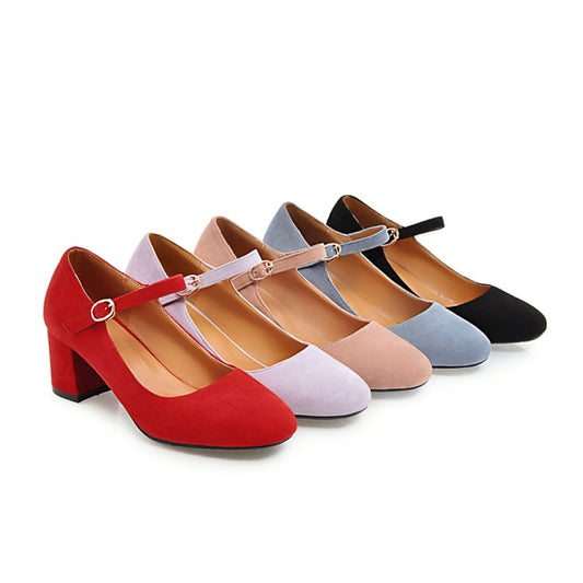 Women Pumps Suede Round Toe Ankle Strap Block Heel Shoes