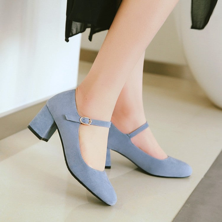 Women Pumps Suede Round Toe Ankle Strap Block Heel Shoes