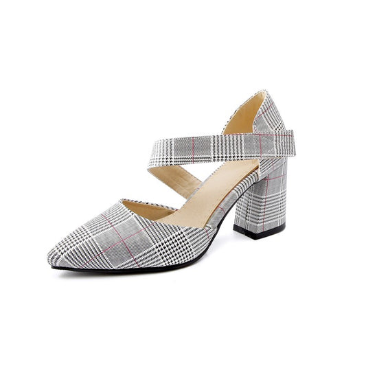 Woman Pointed Toe Plaid Strap Block High Heel Sandals