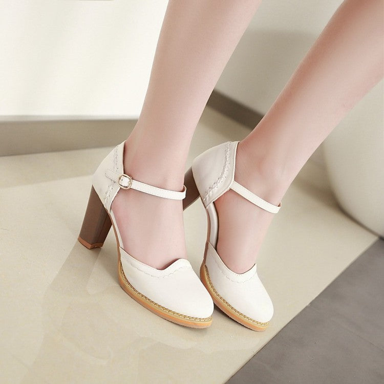 Woman Round Toe Ankle Strap Chunky Heel Sandals