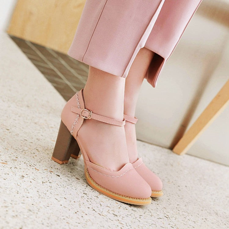 Woman Round Toe Ankle Strap Chunky Heel Sandals