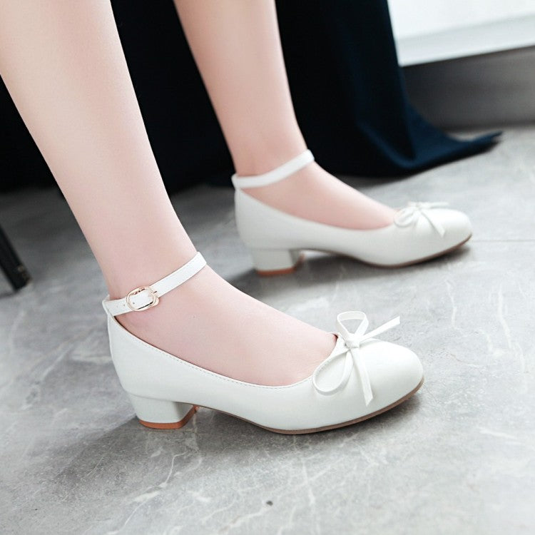 Women Ankle Strap Knot Chunky Heels Pumps Shoes
