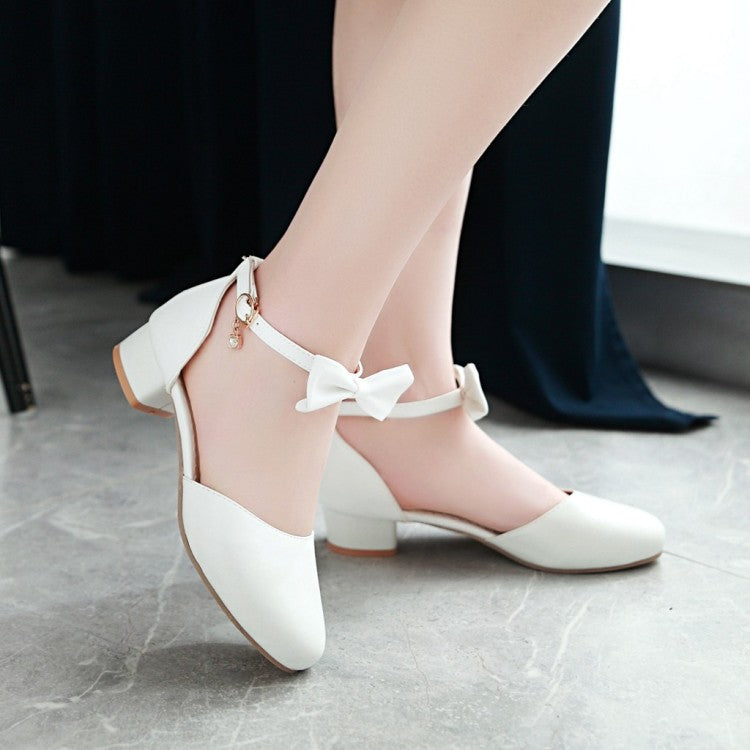 Women Round Toe Butterfly Knot Ankle Strap Hollow Out Block Heel Low Heels Sandals