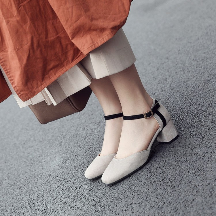 Woman Suede Color Block Ankle Strap Block Heel Sandals