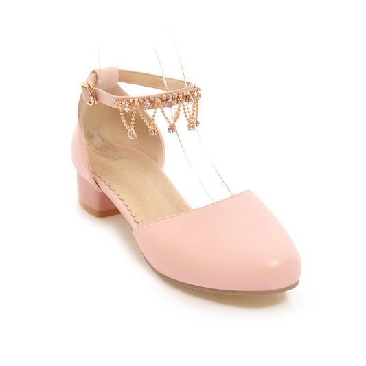 Women Solid Color Round Toe Pearls Rhinestone Ankle Strap Block Heel Low Heels Sandals