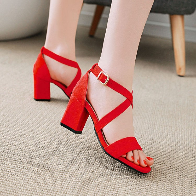 Woman Solid Color Suede Cross Ankle Strap Block Heel Sandals