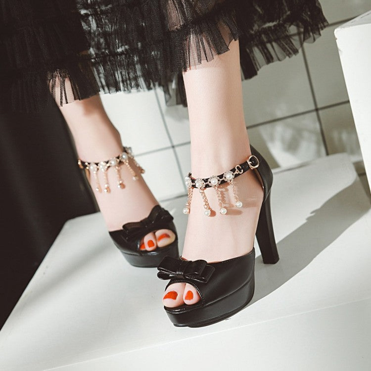 Women Solid Color Peep Toe Butterfly Knot High Heel Ankle Strap Pearls Chains Rhinestone Platform Sandals
