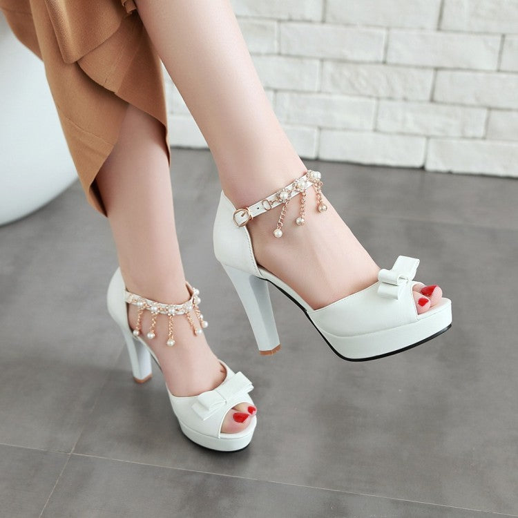 Women Solid Color Peep Toe Butterfly Knot High Heel Ankle Strap Pearls Chains Rhinestone Platform Sandals