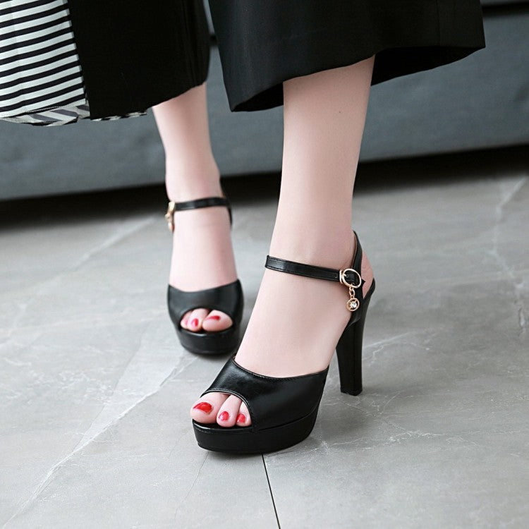 Women Solid Color Peep Toe Ankle Strap High Heel Platform Sandals