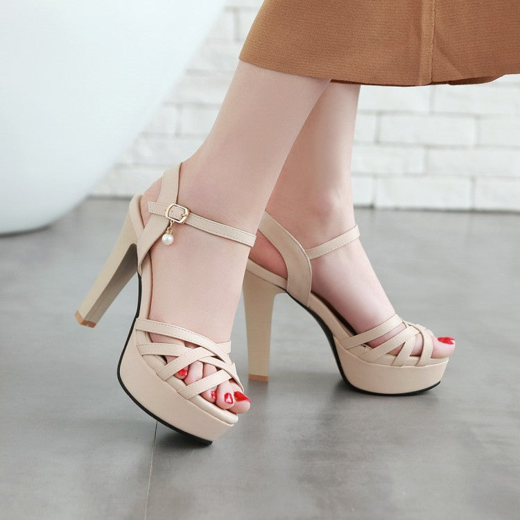 Woman Ankle Strap Pearls High Heel Platform Sandals