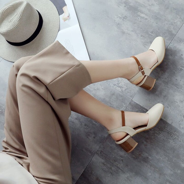 Woman Solid Color Ankle Strap Block Heel Sandals