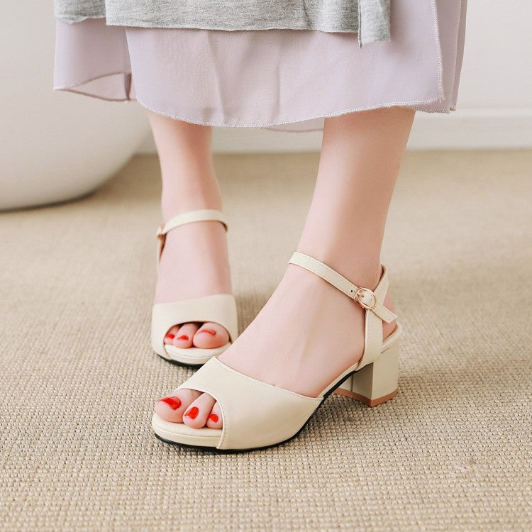 Women Solid Color Peep Toe Ankle Strap Block Heel Sandals