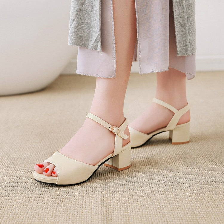 Women Solid Color Peep Toe Ankle Strap Block Heel Sandals