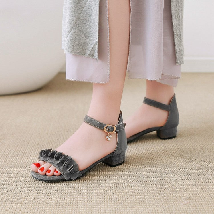 Women Solid Color Pleated Ankle Strap Hollow Out Low Block Heels Sandals