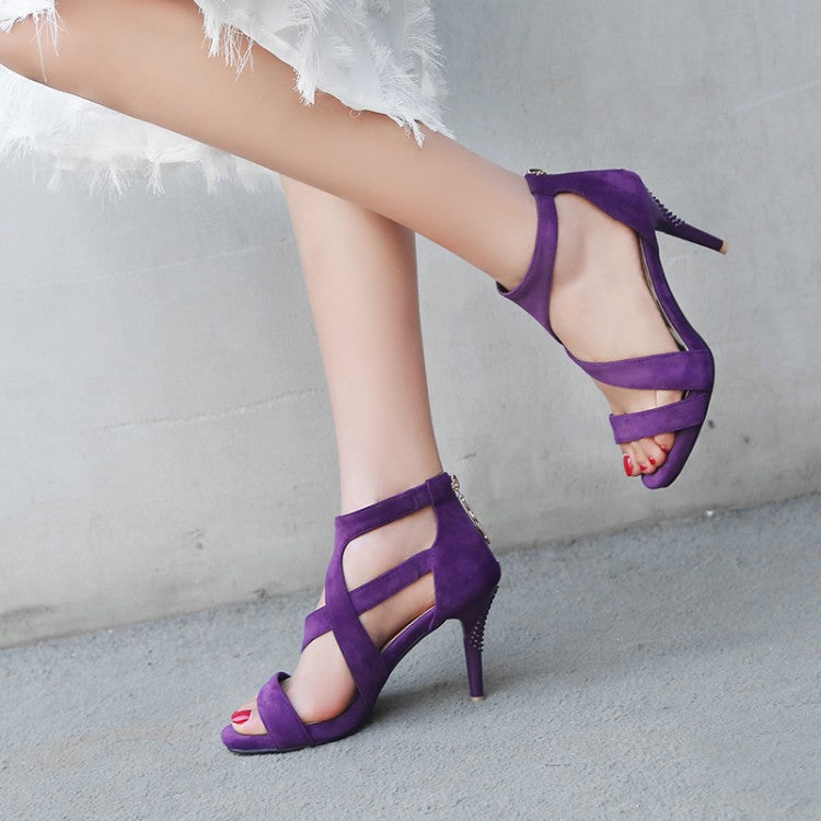 Woman Frosted Solid Color Ankle Wrap Stiletto Heels Sandals