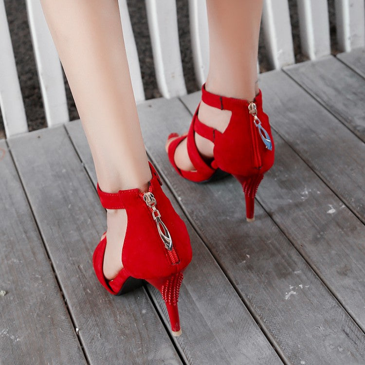 Woman Frosted Solid Color Ankle Wrap Stiletto Heels Sandals