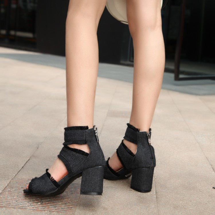 Women Canvas Pointed Toe Hollow Out Block Heel Sandals