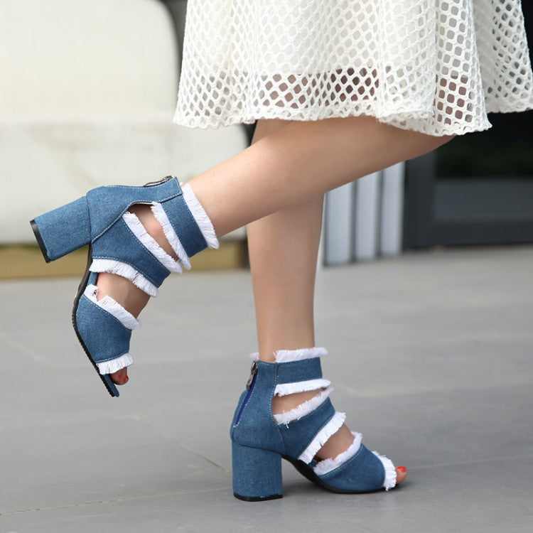 Women Canvas Pointed Toe Hollow Out Block Heel Sandals