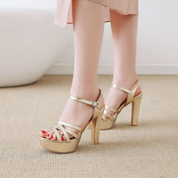 Women Solid Color Hollow Out Roman Style Chunky Heel High Heels Platform Sandals