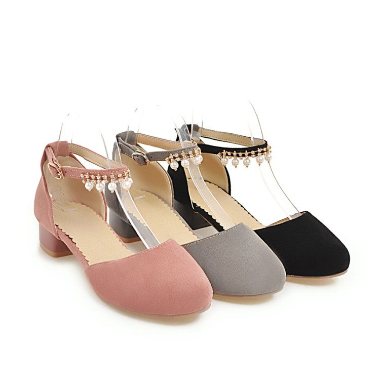 Women Solid Color Suede Round Toe Hollow Out Pearls Ankle Strap Low Block Heels Sandals