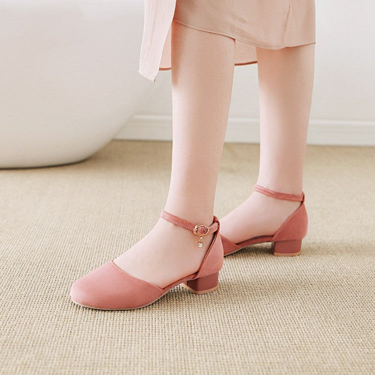 Women Suede Hollow Out Ankle Wrap Low Block Heels Sandals