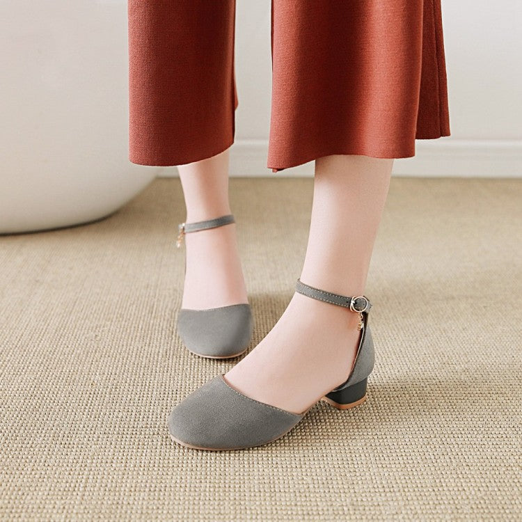 Women Suede Hollow Out Ankle Wrap Low Block Heels Sandals