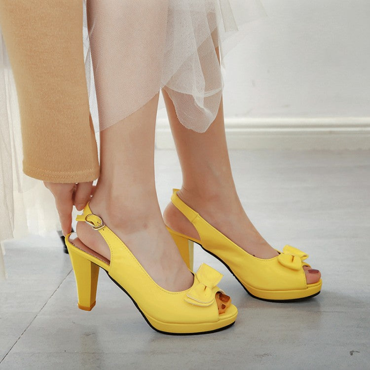 Women Solid Color Peep Toe Butterfly Knot Platform High Heel Slingback Sandals