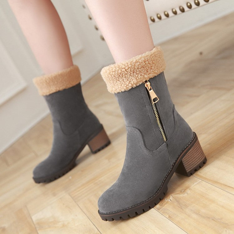 Women Suede Stitching Side Zippers Block Heel Short Boots