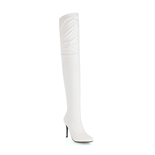 Woman Pu Leather Pointed Toe Stitching Stiletto Heel Over the Knee Boots