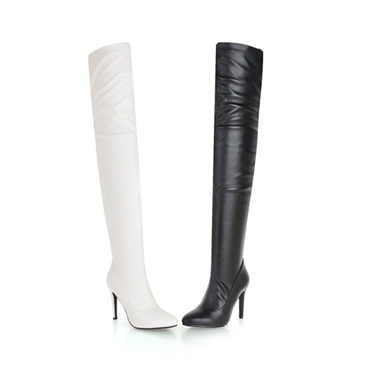 Woman Pu Leather Pointed Toe Stitching Stiletto Heel Over the Knee Boots