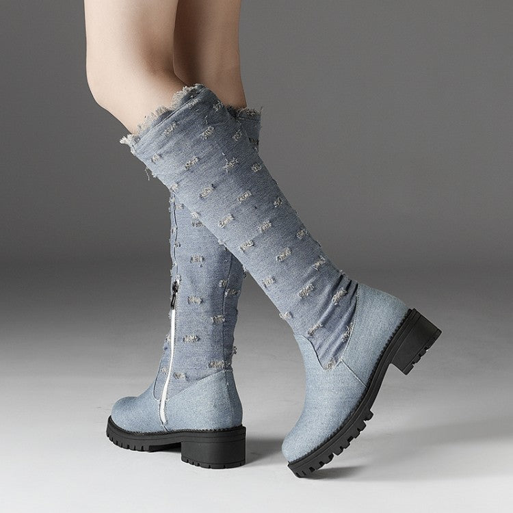 Woman Denim Mid Heel Knee High Boots