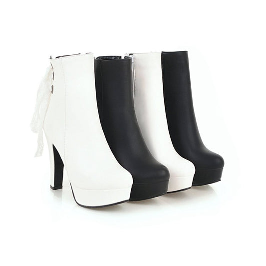 Woman Pu Leather Back Tied Lace Chunky Heel Platform Short Boots